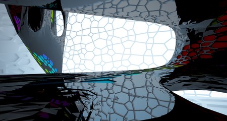 Abstract white, black and colored gradient  interior multilevel public space with window. 3D illustration and rendering.