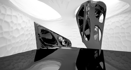 Abstract white and black interior multilevel public space with window. 3D illustration and rendering.