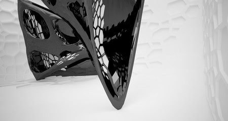 Abstract white and black interior multilevel public space with window. 3D illustration and rendering.