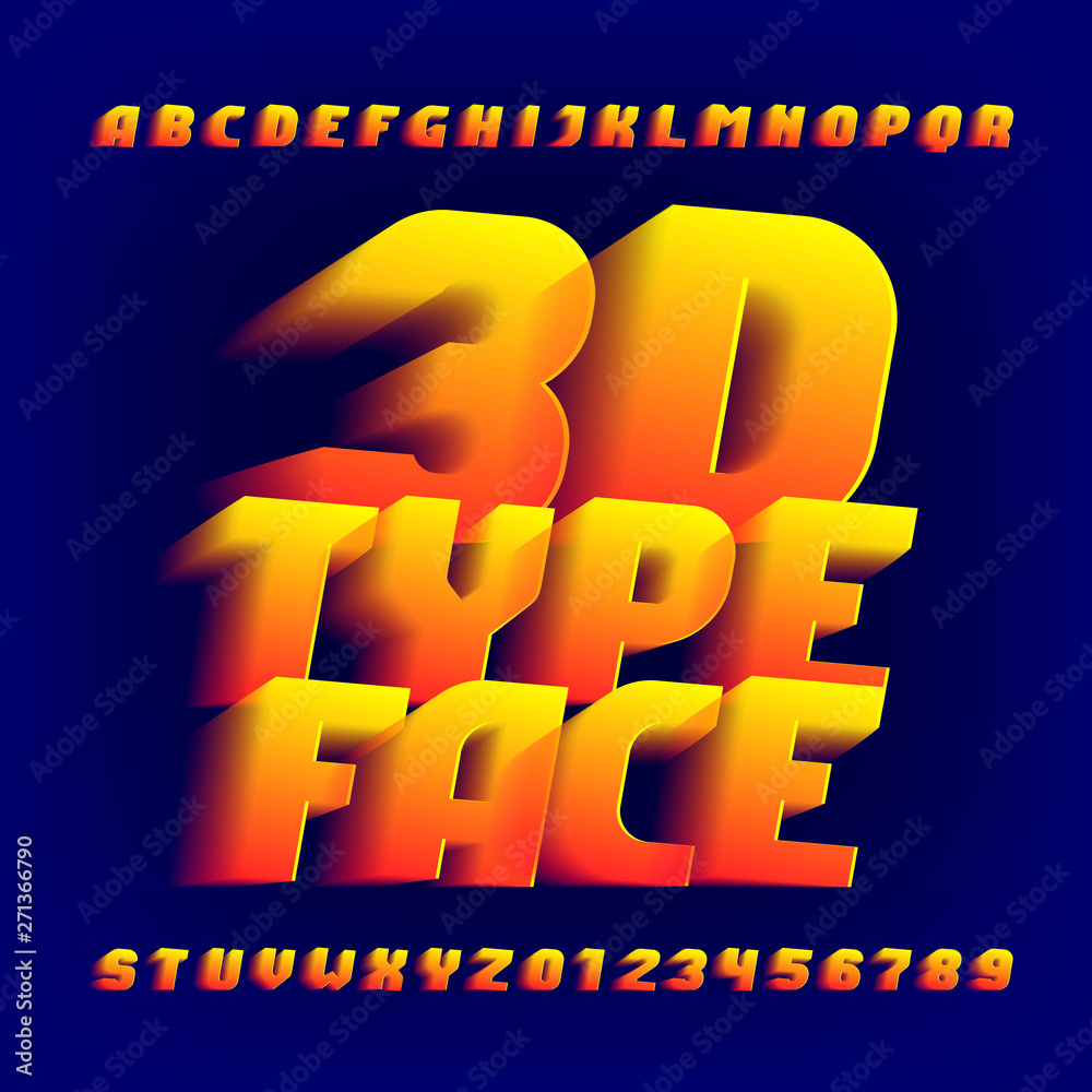 Fototapete 3d alphabet font. 3d effect letters and numbers on dark background. stock vector typeface for your d
