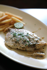 Halibut fillet steak with chips