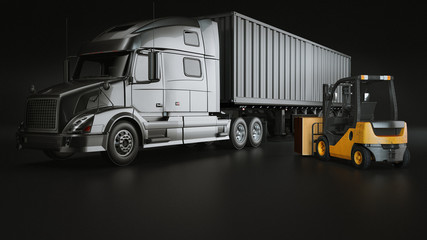 truck and  Folk Lift in the studio room. 3d rendering and illustration.