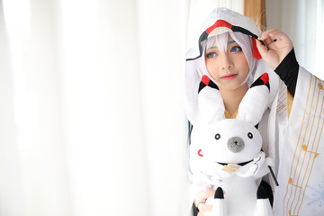Japan anime cosplay , white japanese miko in white tone room - obrazy, fototapety, plakaty