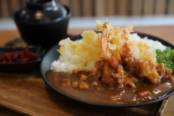 Japanese curry rice with fried shrimp tempura Japanese food