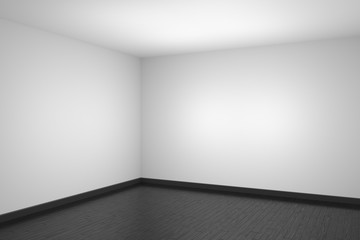 Empty white room with black wood parquet floor