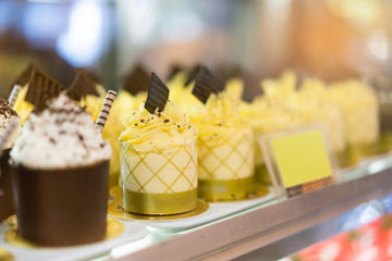 Dessert, chocolate, beautifully placed in the tray ready for sale.