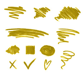 Gold isolated decorative elements: hand painted strokes and marks of golden patina and glitter texture