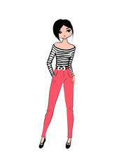 Hand drawn beautiful cute cartoon girl isolated on white background. Bold brunette in jeans. Vector illustration.