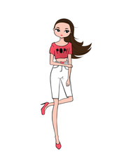 Hand drawn beautiful cute cartoon girl isolated on white background. Romantic brown hair Girl in the t-shirt and breeches. Vector illustration.