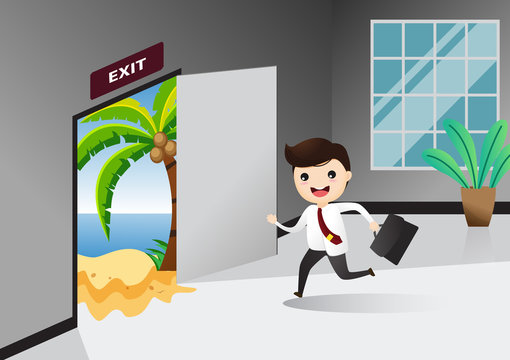 Businessman running exit door sign he get off work go to sea. Businessman running to opened door. Concept of exit. illustration, vector.