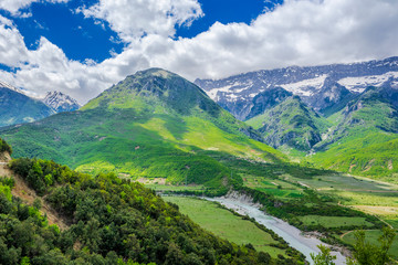 Fototapeta na wymiar A view over the Vjosa River valley