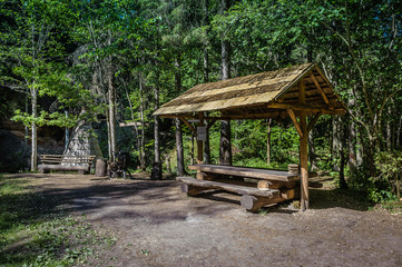 Picnic place with table and benches in forest. Cirulisi nature trails. Latvia. Baltic.
