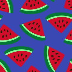 Watermelon seamless pattern. Red berry. Sweet exotic tropical fruit. Fashion design. Food print for dress, textile, curtain or linens. Hand drawn vector sketch background. Vegan menu