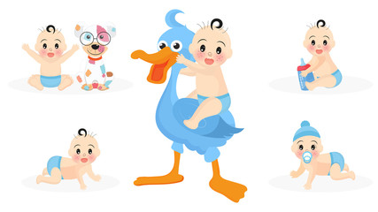 Set of cute infant boy characters with stork, toys, puppy and milk bottle for Baby shower concept.