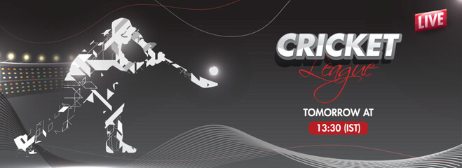 Abstract wavy gray background for Live World Cricket League header banner or poster with time and day text.
