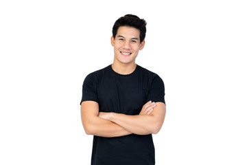 Smiling handsome Asian man in casual black t-shirt with arm crossed