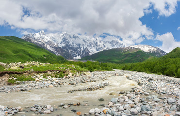 Fototapeta na wymiar Svaneti wild mountains landscape. Wild mountain river in Georgia. Summer nature in Caucasus mountains. Scenic mountains on sunny day