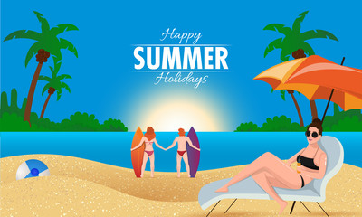 Happy Summer Holiday banner or poster design with tourist man and women in different pose on beach background.