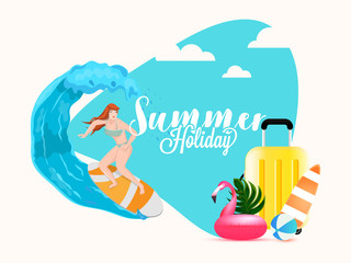 Illustration of surfer woman diving water with traveling bag, swimming duck on abstract background for Summer Holiday banner or poster design.
