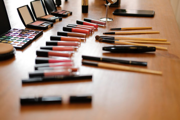 Obraz premium beauty cosmetic makeup essentials on stylish artist table