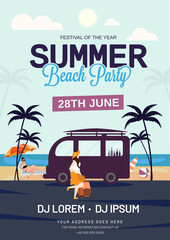 Summer Beach Party invitation card design with date, time and venue detail.