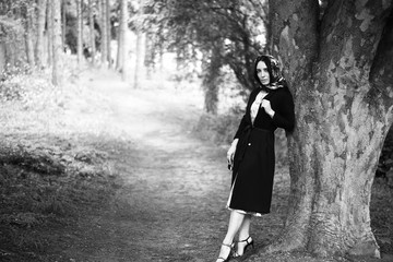 beautiful woman in the park, black and white photography