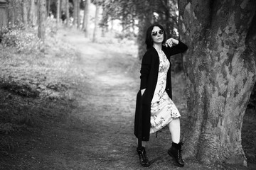 beautiful woman in the park, black and white photography