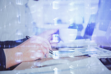 Human hands with tech theme multi exposure drawings.