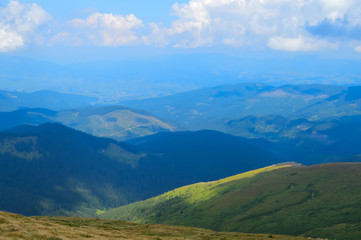 Panoramic view from Hoverla, Carpathian mountains, Ukraine. Horizontal outdoors shot