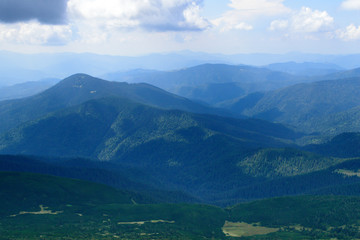 Panoramic view from Hoverla, Carpathian mountains, Ukraine. Horizontal outdoors shot