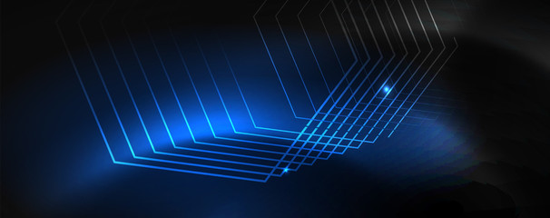 Shiny neon techno template. Neon lines background, 80s style laser rays