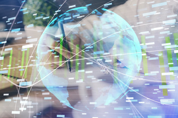 International business hud over woman's hands writing background. Concept of hard work. Double...