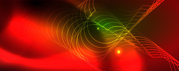 Techno glowing background, futuristic dark template with neon light effects and simple forms, vector