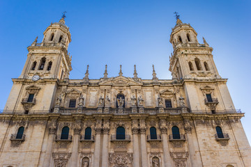 Fototapeta na wymiar Facade of the historic cathedral in Jaen, Spain