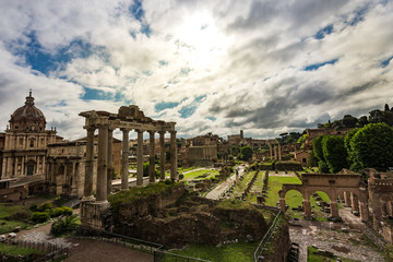 Fototapeta premium Panoramic view of Palatine Hill in sunlight, the historical place in Rome, Italy