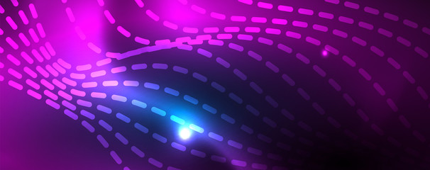 Obraz premium Smooth wave lines on blue neon color light background. Glowing abstract wave on dark, shiny motion, magic space light