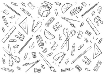 Stationary tools background, Vector illustration doodle on wide background. Hand drawn outline of stationary tools. For print, web, home decor, fashion, surface, graphic design