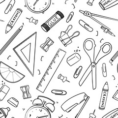 Stationary tool pattern. Seamless vector design; Hand drawn outline of eraser, triangular ruler, scissor, sharpener, pencil, glue stick, paper clip, crayons, alarm clock, highlighter, ruler. For print