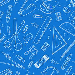 Blueprint of Stationary tool pattern. Seamless vector design; Hand drawn outline of eraser, triangular ruler, scissor, sharpener, pencil, glue stick, paper clip, crayons, alarm clock, highlighter, rul