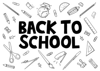 Back To School doodle with stationary tools. Vector illustration doodle on wide background. Hand drawn outline of stationary tools. For print, web, home decor, fashion, surface, graphic design