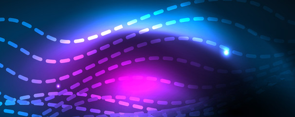 Fototapeta premium Smooth wave lines on blue neon color light background. Glowing abstract wave on dark, shiny motion, magic space light