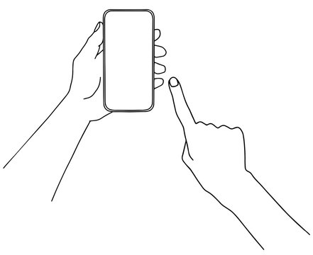 Hand holding a smartphone and pointing with finger.  Hand drawn vector illustration. 