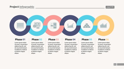 Six phases timeline slide template. Business data. Graph, chart, design. Creative concept for infographic, report. Can be used for topics like money, finances, economics
