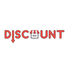Vector icon concept of discount word with arrow down and percent 20 inside shop store.