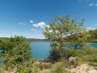 Fototapeta na wymiar A Bauduen sur le sentier le long des berges du lac de Sainte-Croix au pied des gorges du Verdon. Alpes-de-Haute-Provence