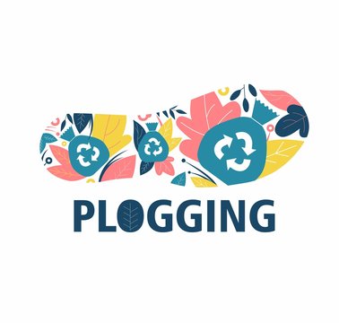 Plogging. Shoe footprint, flowers and recycling symbol