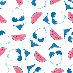 Watermelon and swimsuit. Beach accessories. Summer seamless pattern. Used for design surfaces, fabrics, textiles, packaging paper, wallpaper