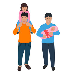 Young adult men couples with children, daughter and newborn baby. Father day. LGBT.