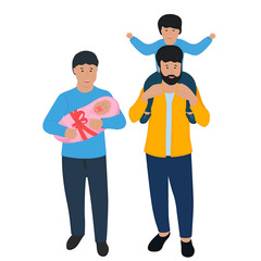 Young adult men couples with children, son and newborn daughter. Father day. LGBT.