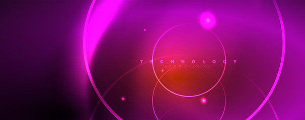 Bright neon circles and wave lines, glowing shiny background design template, digital techno concept.